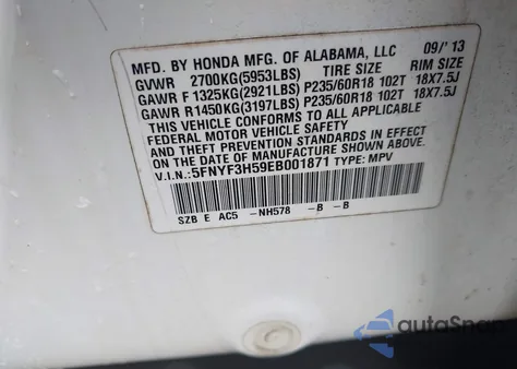 2014 Honda Pilot Exl z USA, uszkodzony, nr VIN 5FNYF3H59EB001871